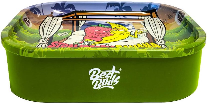Best Buds Thin Box Rolling Tray med beholder – Strawberry Banana